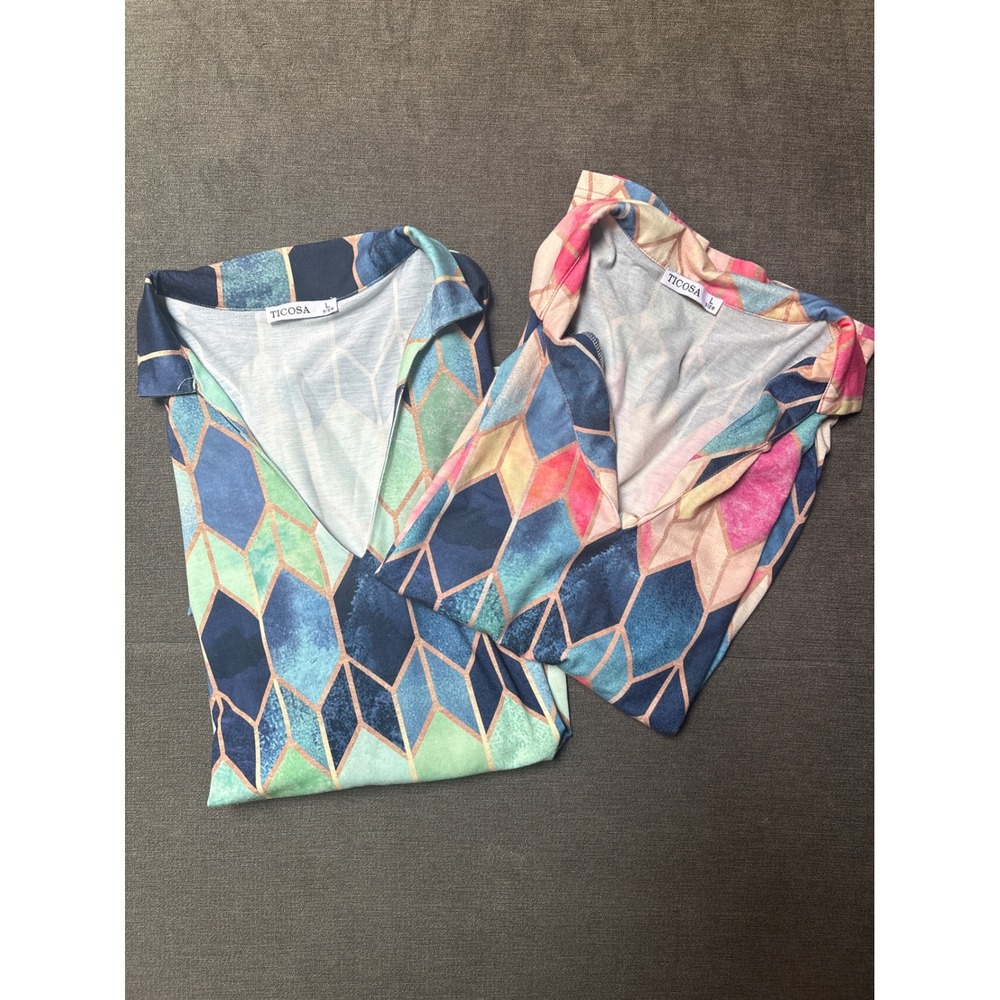 TICOSA Geometric Print Top Bundle Women's Large 2 Piece Pink Blue Green